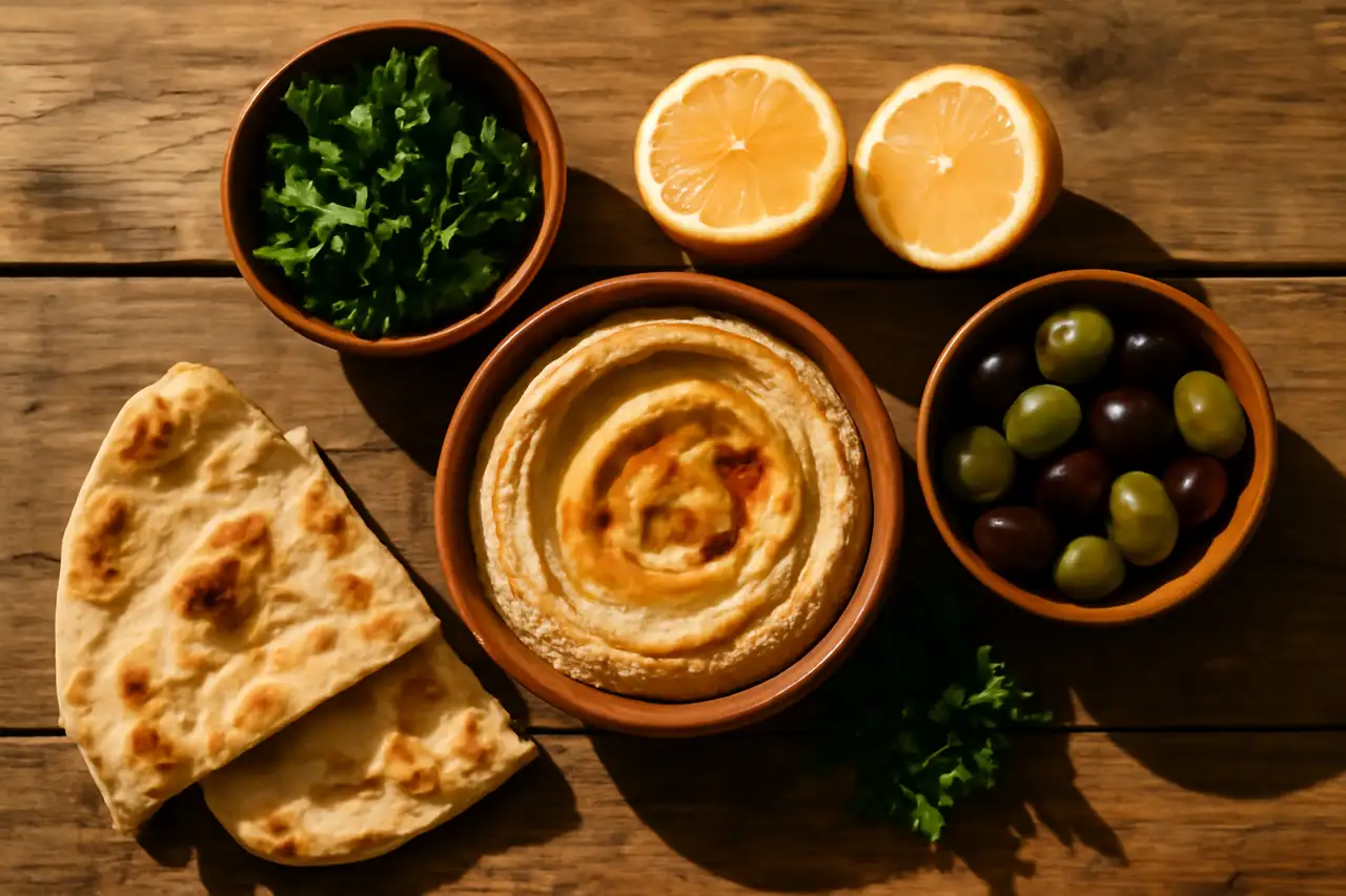 Schaaltjes mezze met brood, olijven en kruiden op een houten tafel